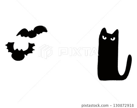 Black and white illustration of a black cat and a bat Black and white illustration of a black cat and a bat 130872918