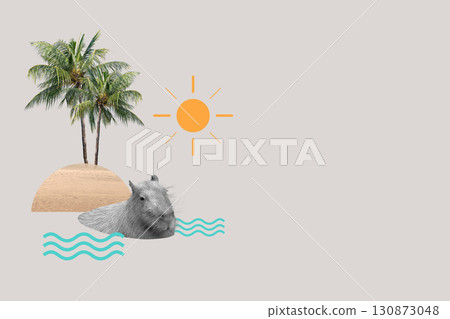 Capybara swimming in a lake with the sun on a colored background. Collage art of Capybara 130873048