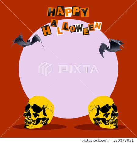 Human skull head with text of Happy Halloween and flying bats on a colored background. Copy space. Collage art of Halloween 130873051