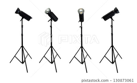 Set of professional studio lighting equipment with a tripod isolated over a white background Set of professional studio lighting equipment with a tripod isolated over a white background 130873061