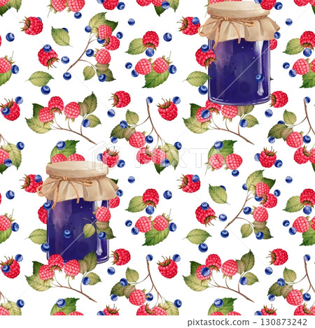 Hand-drawn illustration of a seamless pattern featuring blueberry jam jars alongside fresh blueberries and raspberries on a white background. Delightful design for food-related themes, kitchen decor Hand-drawn illustration of a seamless pattern featuring blueberry jam jars alongside fresh blueberries and raspberries on a white background. Delightful design for food-related themes, kitchen decor 130873242