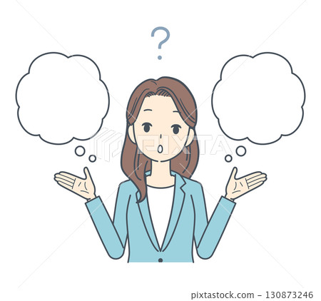 Illustration of a man and woman wearing jackets thinking with a question mark Illustration of a man and woman wearing jackets thinking with a question mark 130873246