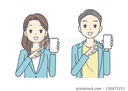 Illustration of a man and woman wearing jackets pointing at a smartphone 130873251