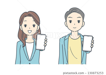 圖解：一位身穿夾克的男士和一位女士正指著智慧型手機 130873253