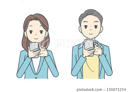 一名男子和一名女子身穿夾克,正在操作智慧型手機的插圖 一名男子和一名女子身穿夾克,正在操作智慧型手機的插圖 130873254