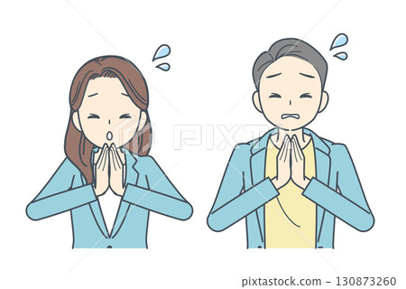 一名身穿夾克的男子和一名女子雙手合十道歉的插圖 130873260