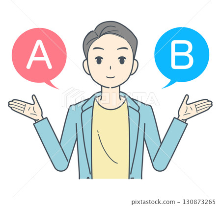 Illustration of a man wearing a jacket choosing between options A and B 130873265