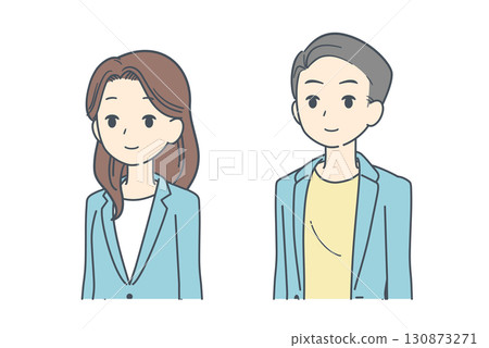 Illustration of a man and woman wearing a jacket, diagonal 130873271