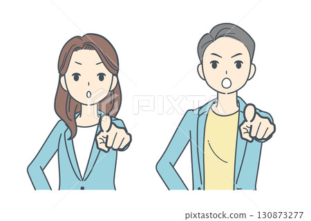 圖:一男一女身穿夾克,面帶嚴肅表情,指向前方 圖:一男一女身穿夾克,面帶嚴肅表情,指向前方 130873277