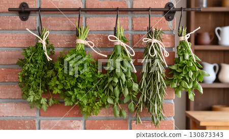 Bunches of fresh herbs tied with twine hanging on hooks against a rustic brick kitchen wall. Natural culinary decor. 130873343