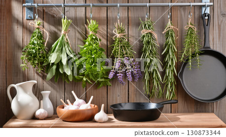 Assorted fresh herbs hanging on hooks in rustic kitchen with wooden wall, cast iron pan, garlic, and pottery decor. 130873344