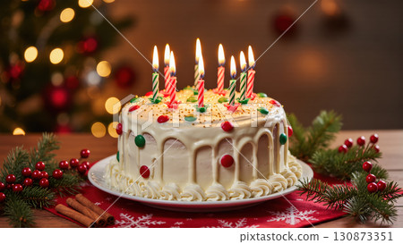 Christmas cake with white icing, colorful candy decorations and lit candles on festive table with pine branches and blurred lights 130873351