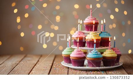 Colorful birthday cupcakes with lit candles and sprinkles arranged on a tiered stand against festive bokeh lights background 130873352