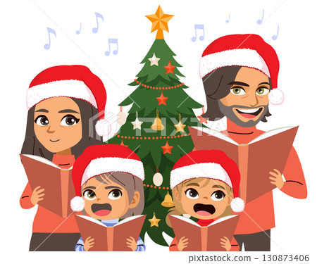 Happy Family Singing Carols On Christmas Cartoon Vector Illustration Happy Family Singing Carols On Christmas Cartoon Vector Illustration 130873406