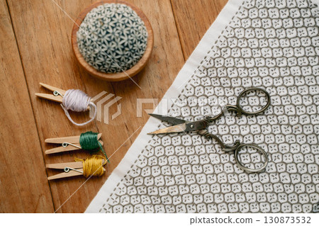 Japanese traditional craft, sashiko handiwork Japanese traditional craft, sashiko handiwork 130873532