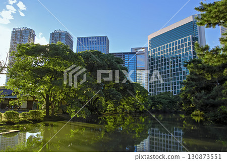 濱離宮花園的潮汐池與汐留的摩天大樓：城市綠洲與現代建築的對比倒映在水面上。 130873551