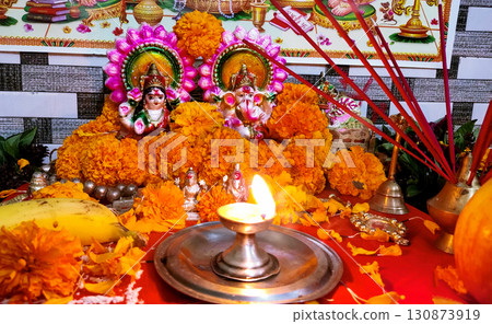 Hindu Festival Puja with Lakshmi and Ganesha Idols 130873919
