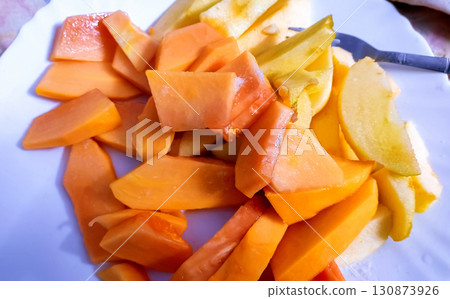 Freshly Cut Ripe Papaya Slices on a Plate 130873926