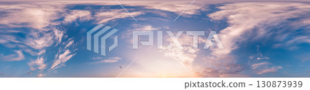Sunset sky with bright glowing pink Cumulus clouds. Seamless spherical HDR 360 panorama. Full zenith or sky dome in 3D, sky replacement for aerial drone panoramas. Climate and weather change. Sunset sky with bright glowing pink Cumulus clouds. Seamless spherical HDR 360 panorama. Full zenith or sky dome in 3D, sky replacement for aerial drone panoramas. Climate and weather change. 130873939