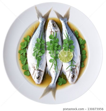 Pla Nueng Manao - Steamed fish with lime, garlic, and chili, often garnished with cilantro. The white, flaky fish, combined Pla Nueng Manao - Steamed fish with lime, garlic, and chili, often garnished with cilantro. The white, flaky fish, combined 130873956