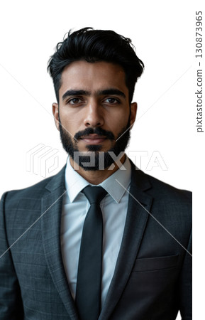 A South Asian male entrepreneur in a dark grey suit, exuding quiet confidence as financial projections and global business data 130873965