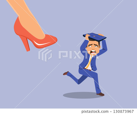 Cartoon Vector Illustration Of Businessman Running From Big Woman Shoe 130873967