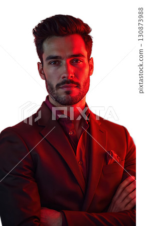 A bold male entrepreneur in dark red, framed by a backdrop of glowing financial charts and customer feedback symbols, symbolizing A bold male entrepreneur in dark red, framed by a backdrop of glowing financial charts and customer feedback symbols, symbolizing 130873988