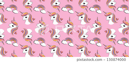 Unicorn And Hearts Textile Pattern Cartoon Vector Illustration 130874000