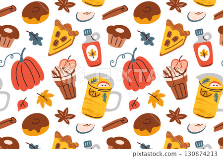 Autumn pattern with pumpkin, pecan pies, coffee drinks with apple and maple syrup, mulled punch, cinnamon and anise. Flat cartoon vector illustrations, seasonal seamless design, fall holidays Autumn pattern with pumpkin, pecan pies, coffee drinks with apple and maple syrup, mulled punch, cinnamon and anise. Flat cartoon vector illustrations, seasonal seamless design, fall holidays 130874213