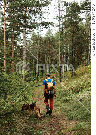 Man walking with a German Shepherd dog on a forest trail in Divcibare, Serbia. Rear view. Hiking and travel with pet concept 130874249