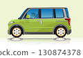 Object of side view fimily van. Driving girl in side car. Two tone color of green and black roof car. With shadow on isolated white background. 130874378