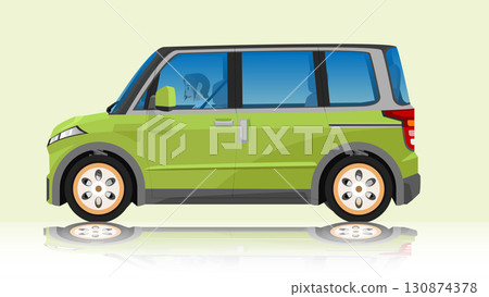 Object of side view fimily van. Driving girl in side car. Two tone color of green and black roof car. With shadow on isolated white background. 130874378