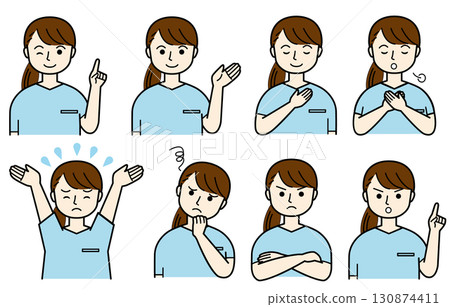 具有各種面部表情的女護士向量插圖集 130874411