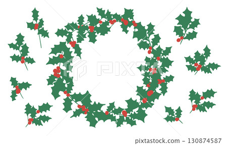 聖誕花圈插圖。 12月聖誕節材料。冬青冬季聖誕框架背景。 130874587