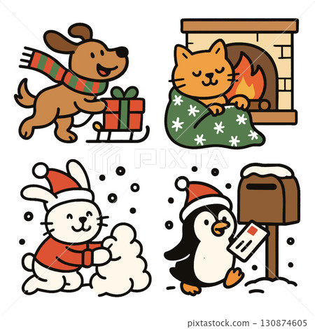 Dog scarf sled gift, cat blanket fireplace, rabbit snowball, penguin mailbox festive Dog scarf sled gift, cat blanket fireplace, rabbit snowball, penguin mailbox festive 130874605