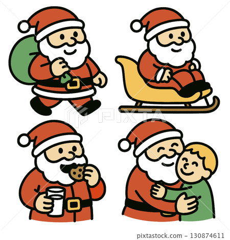 Santa Claus cartoon Christmas holiday cheerful sleigh gift bag cookie milk hug child Santa Claus cartoon Christmas holiday cheerful sleigh gift bag cookie milk hug child 130874611