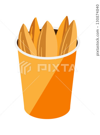 Illustration of thick french fries served in a paper cup Illustration of thick french fries served in a paper cup 130874840