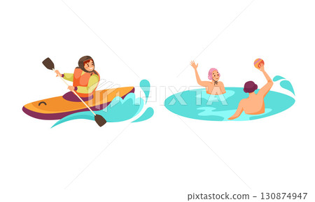Outdoor Water Sports Fun Engaging in Exciting Kayaking and Enjoyable Swimming Activities 130874947