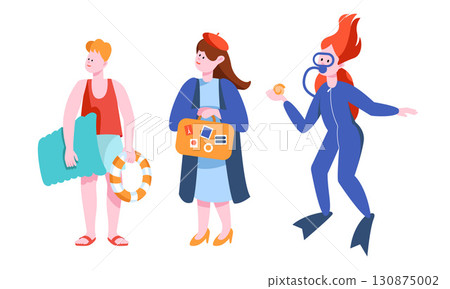 A vibrant scene of diverse beachgoers including a lifeguard, swimmer, and diver in colorful outfits 130875002