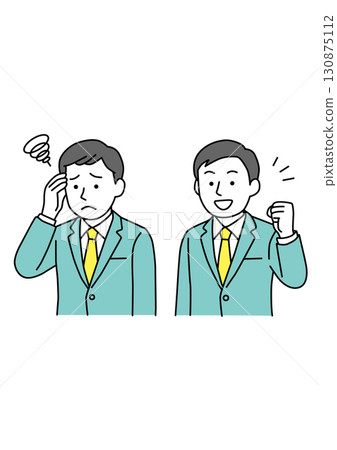 一個男人在問題解決後感到煩惱和快樂 一個男人在問題解決後感到煩惱和快樂 130875112