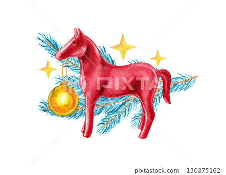 Red glossy horse figurine on blue spruce branch background. Isolated on white background hand drawn watercolor illustration for year of horse design. Red glossy horse figurine on blue spruce branch background. Isolated on white background hand drawn watercolor illustration for year of horse design. 130875162