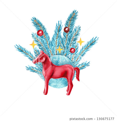 New Year composition of blue spruce branches with a red horse figurine. Isolated on white background hand-drawn watercolor illustration for the Year of the Horse design. 130875177