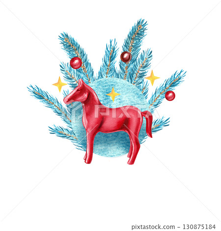 New Year composition of blue spruce branches with a red horse figurine. Isolated on white background hand-drawn watercolor illustration for the Year of the Horse design. 130875184