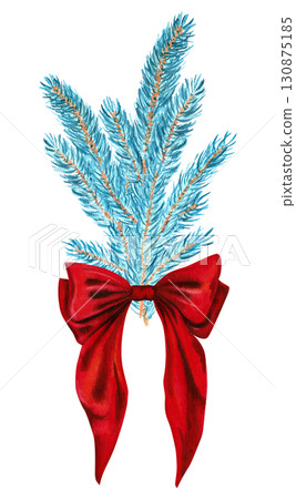 Bouquet of blue spruce branches with a red bow. Isolated on white background watercolor illustration for New Year and Christmas design 130875185