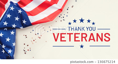 Veterans day. Beige background with American flag. Website banner and greeting card design template. 130875214