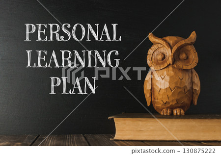 A wooden owl sits on a book next to a chalkboard with the words Personal Learning Plan A wooden owl sits on a book next to a chalkboard with the words Personal Learning Plan 130875222