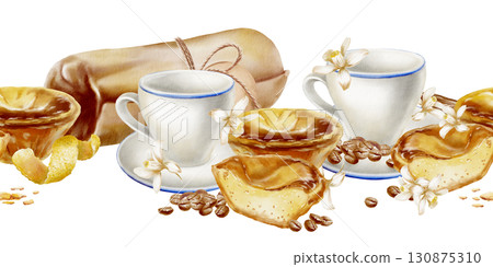 Seamless border Portuguese traditional breakfast:сup,coffee beans with halved and whole pasteis de nata tart with creamy custard,lemon flowers.Watercolor illustration pastel de nata in realistic style Seamless border Portuguese traditional breakfast:сup,coffee beans with halved and whole pasteis de nata tart with creamy custard,lemon flowers.Watercolor illustration pastel de nata in realistic style 130875310