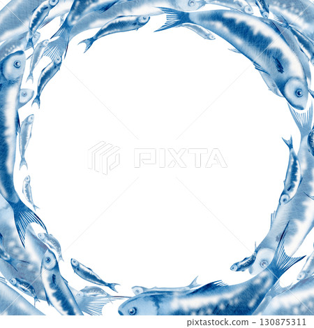 Sardine fish in a square round frame swimming in a shoal stylized watercolor illustration on a transparent background for fish restaurants, websites, posters, fish markets and stores Sardine fish in a square round frame swimming in a shoal stylized watercolor illustration on a transparent background for fish restaurants, websites, posters, fish markets and stores 130875311