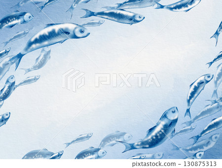 Sardine fish in seamless diagonal border swimming in a shoal stylized watercolor illustration for fish restaurants, websites, posters, fish markets and stores Sardine fish in seamless diagonal border swimming in a shoal stylized watercolor illustration for fish restaurants, websites, posters, fish markets and stores 130875313