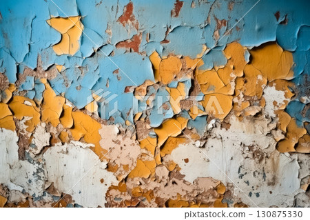 The wall is covered in peeling paint and has a blue and yellow color scheme. 130875330